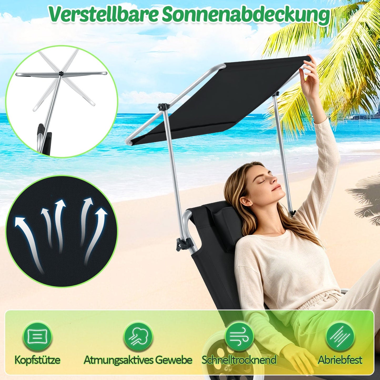 Sonnenliege mit Rollen und Sonnendach klappbare Gartenliege | Brehn