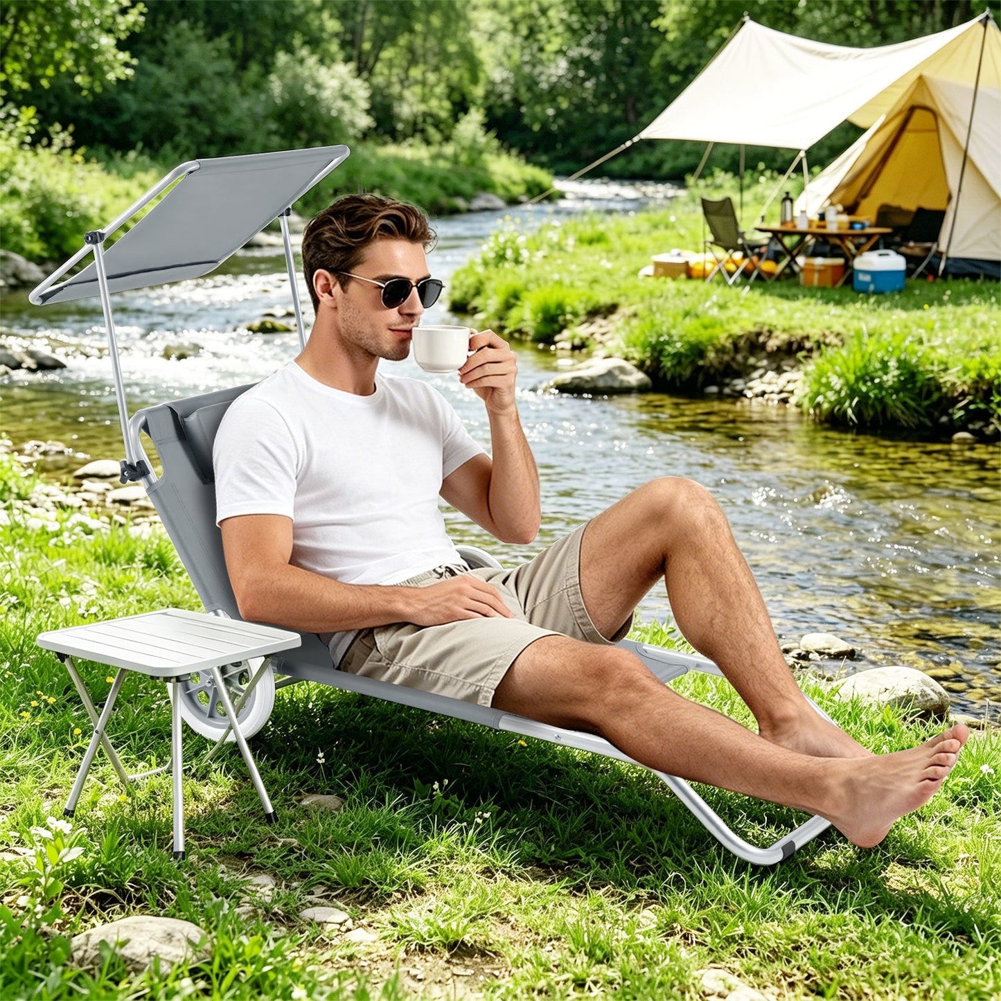 Sonnenliege mit Rollen und Sonnendach klappbare Gartenliege | Brehn