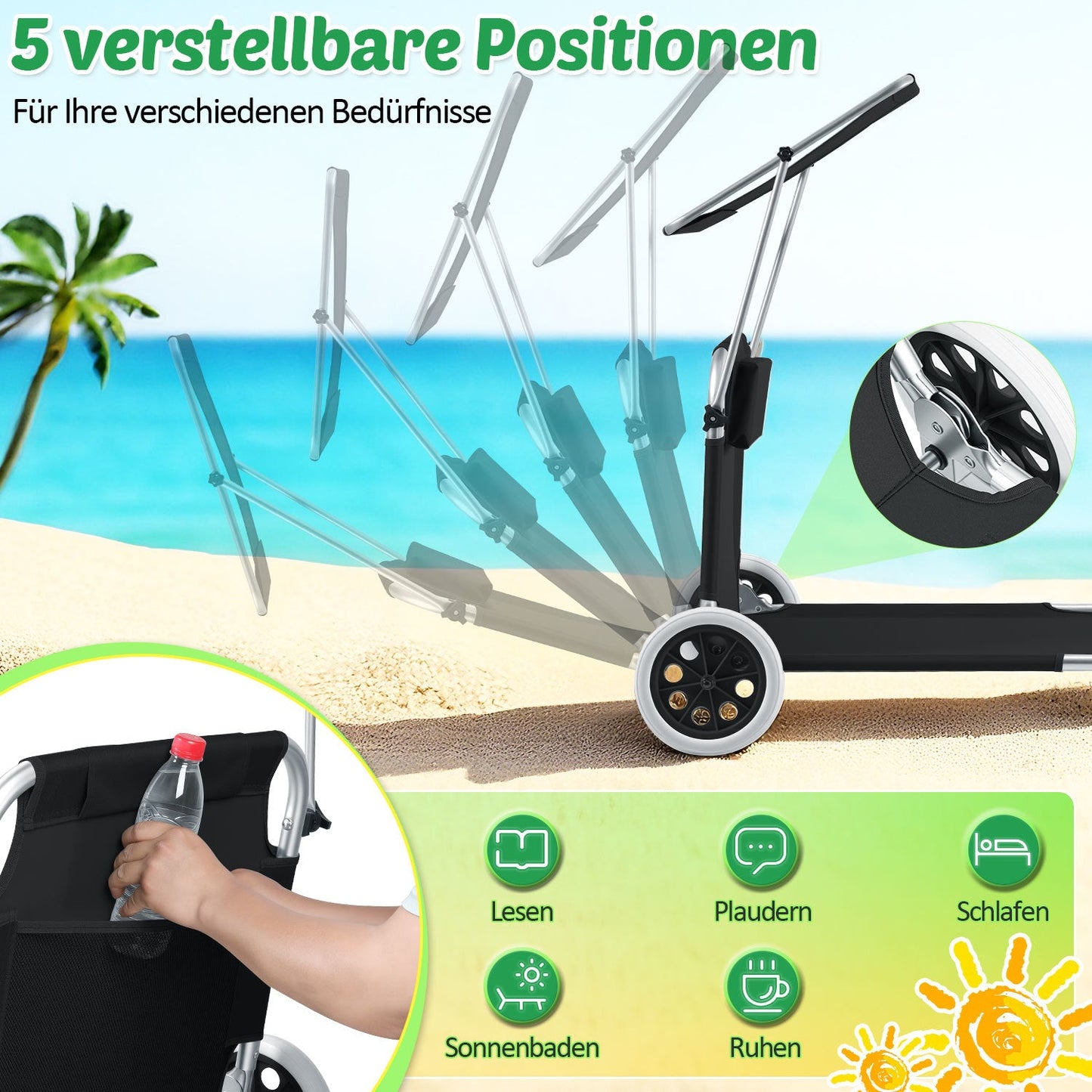 Sonnenliege mit Rollen und Sonnendach klappbare Gartenliege | Brehn
