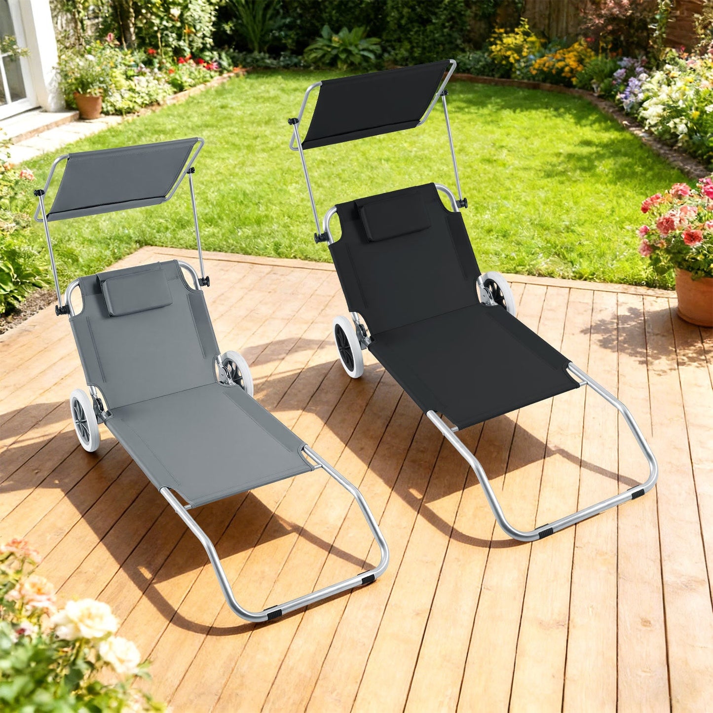 Sonnenliege mit Rollen und Sonnendach klappbare Gartenliege | Brehn
