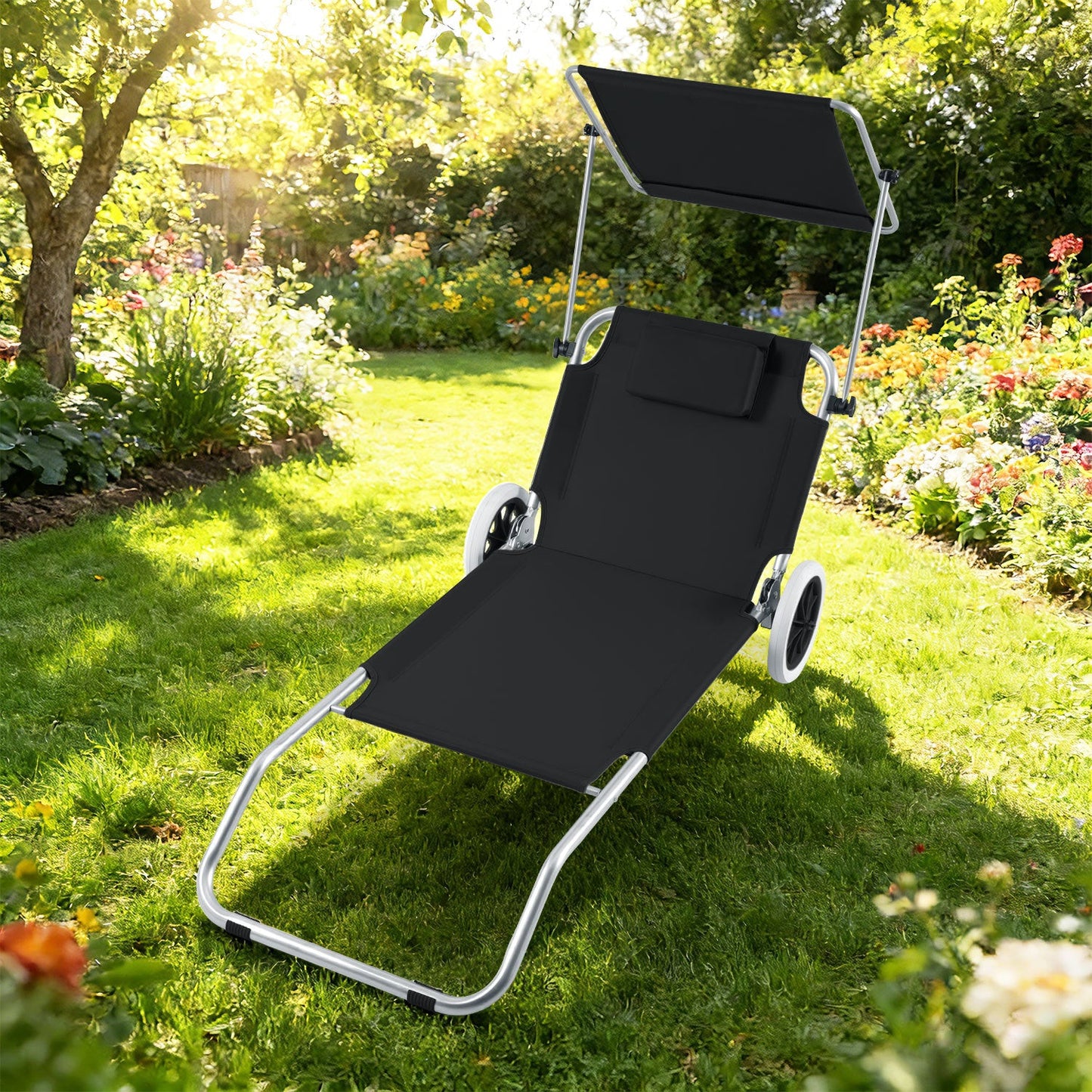 Sonnenliege mit Rollen und Sonnendach klappbare Gartenliege | Brehn