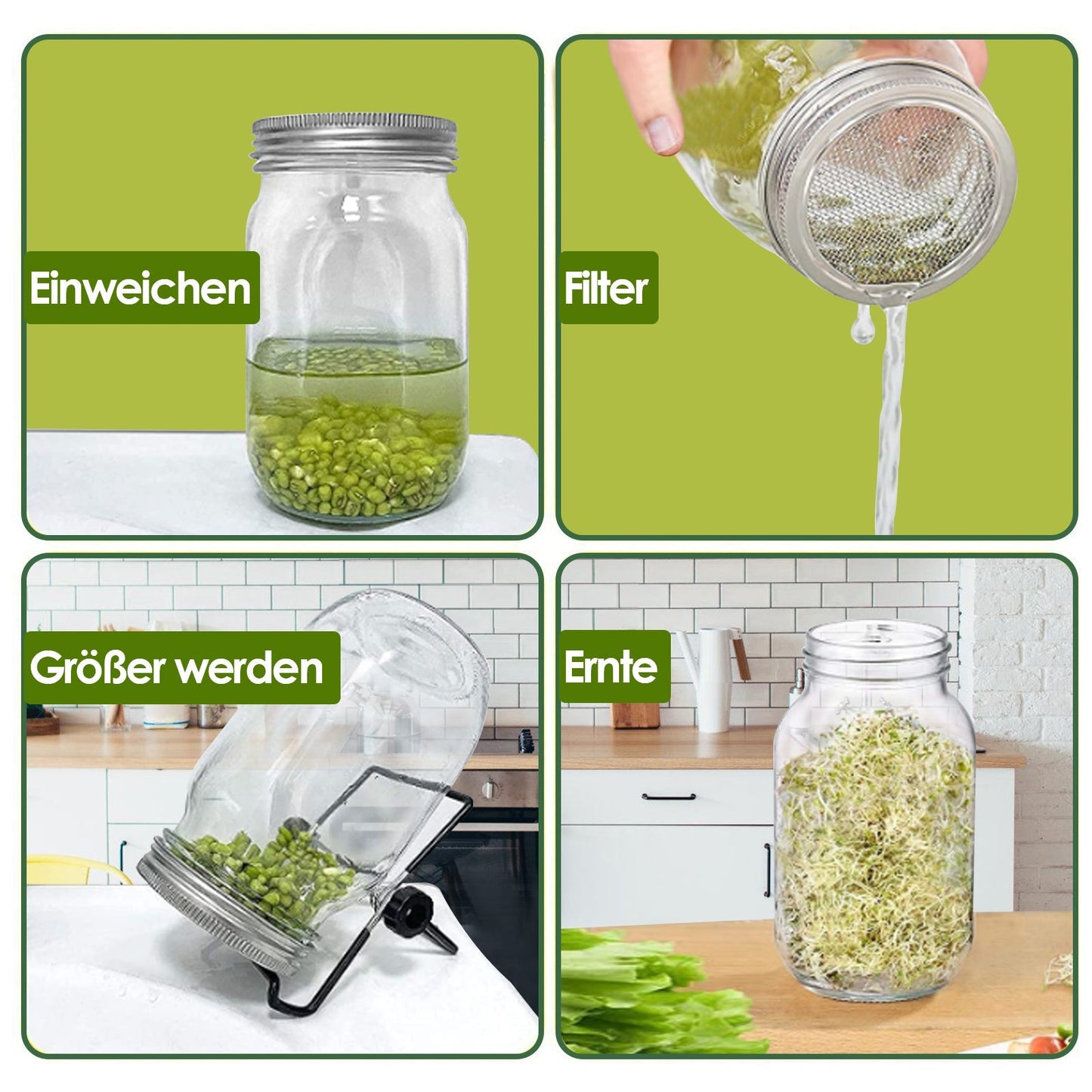 Sprossenglas Keimglas 2er mit Deckel & Sieb 950ML | Brehn