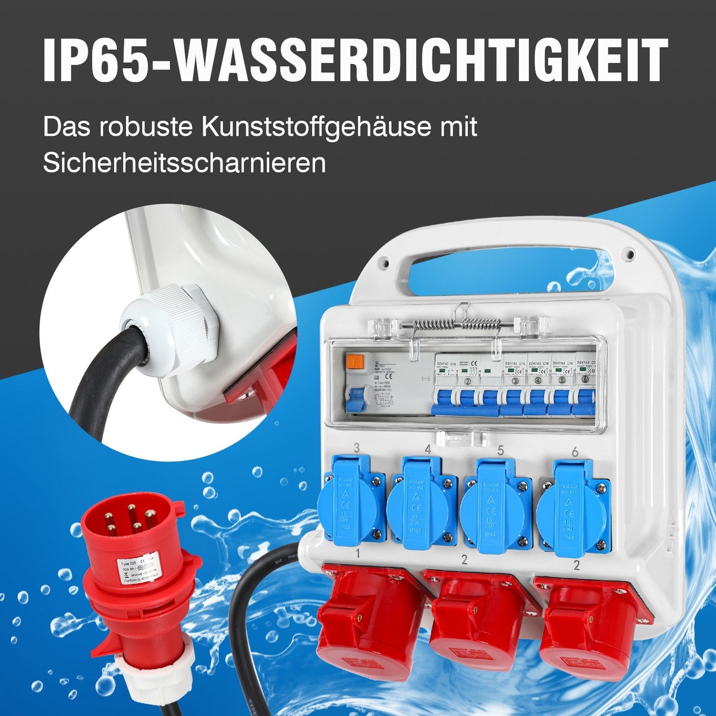 Stromverteiler FI-Schutzschalter 2 x CEE 400V/16A+4 x 230V Schuko 5 polig | Brehn