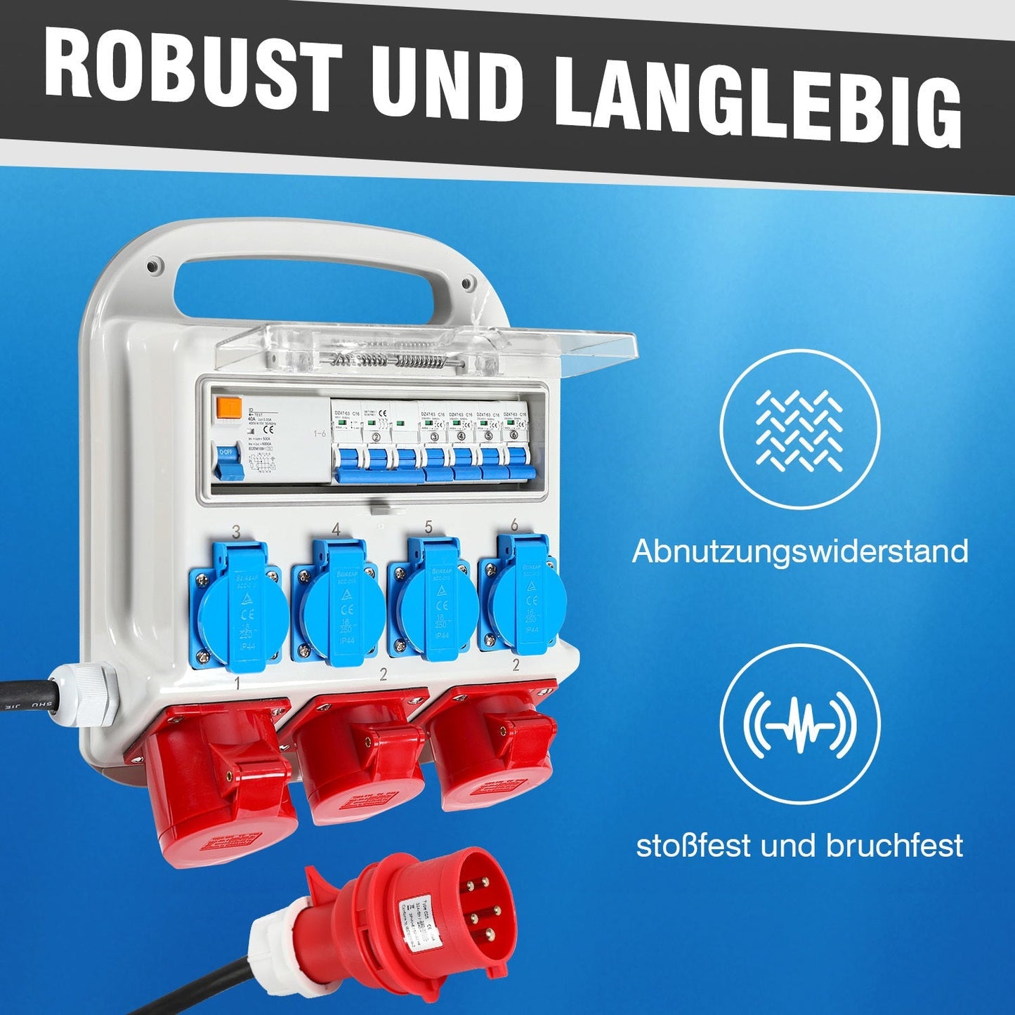 Stromverteiler FI-Schutzschalter 2 x CEE 400V/16A+4 x 230V Schuko 5 polig | Brehn