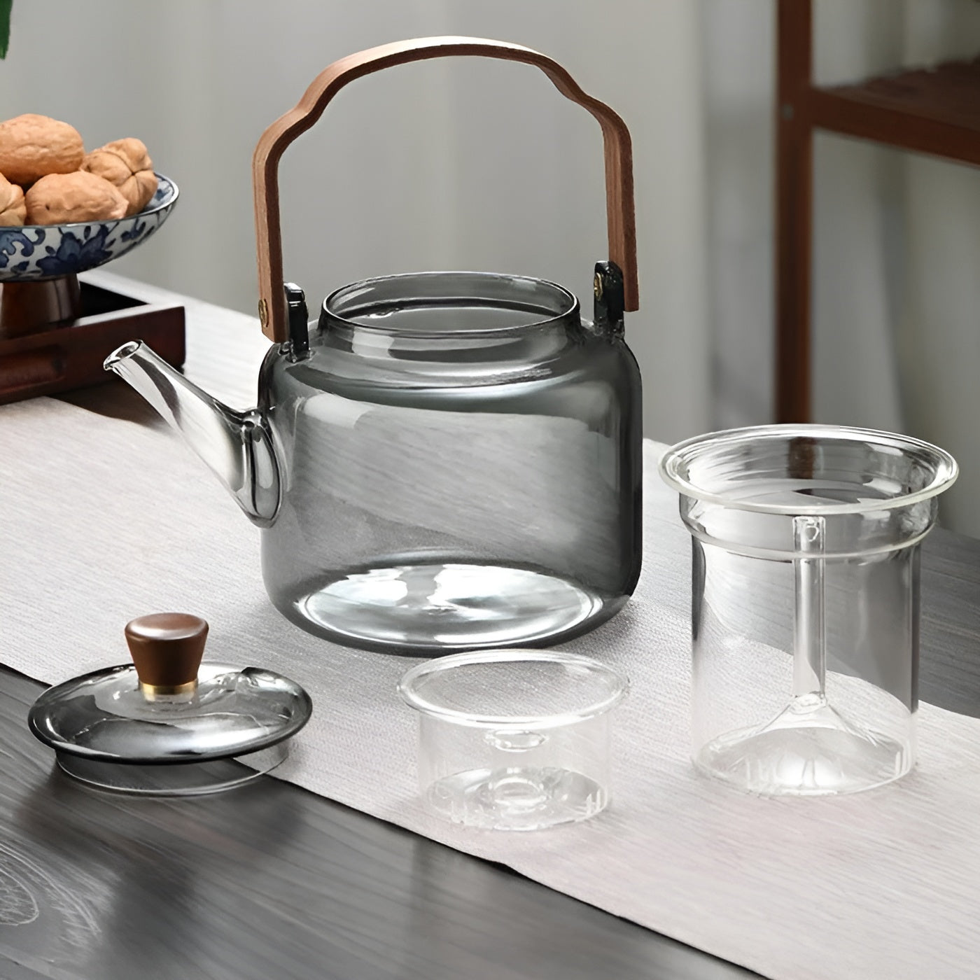 Teekanne aus Glas mit Holzdeckel und Teesieb – Elegantes Design | 1,2 l Rauchglas für stilvollen Teegenuss