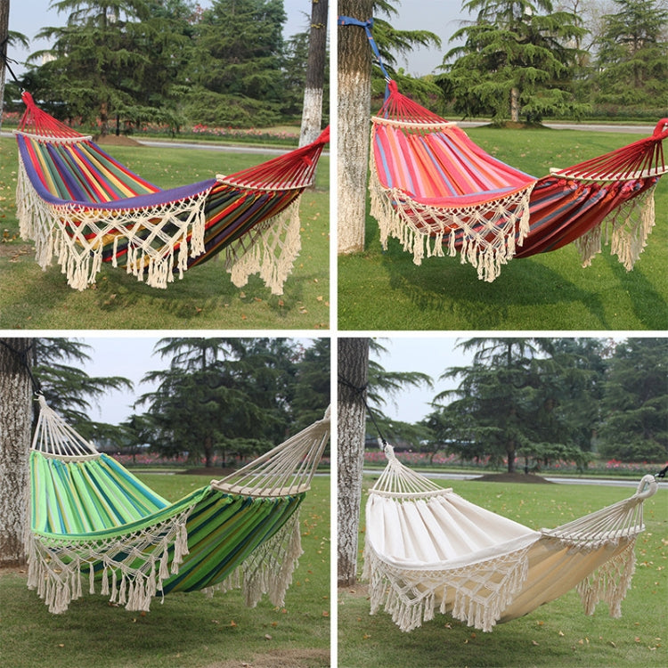 200x150cm Doppelte Outdoor-Camping-Hängematte aus Canvas mit Quasten und Stange (Rosa Streifen)