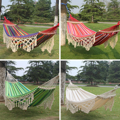 200x150cm Doppelte Outdoor-Camping-Hängematte aus Canvas mit Quasten und Stange (Rosa Streifen)