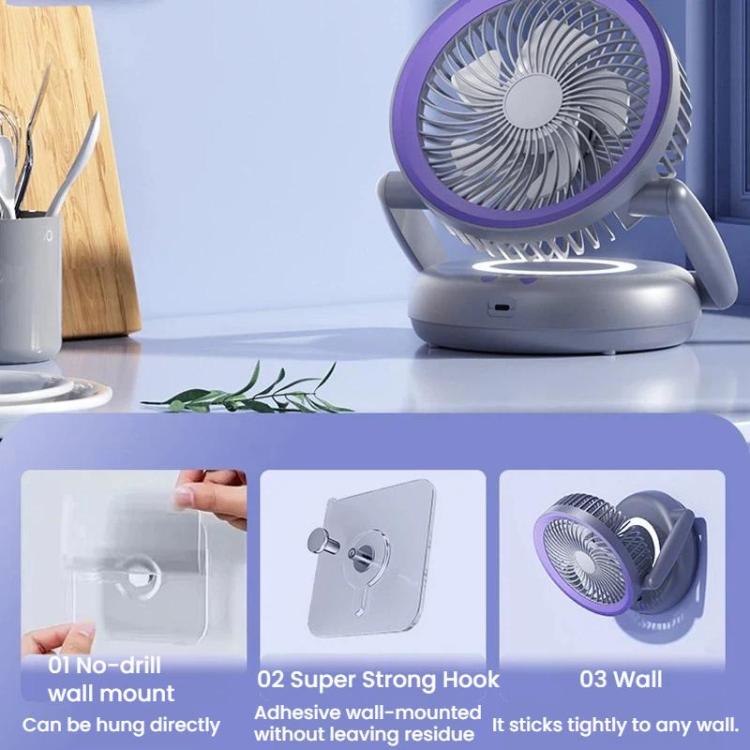 Faltbarer Luftzirkulatorventilator mit Batterieanzeige Haushalts-Desktop- und Wandventilator mit LED-Licht (Grau Lila) | Brehn