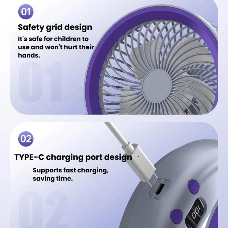 Faltbarer Luftzirkulatorventilator mit Batterieanzeige Haushalts-Desktop- und Wandventilator mit LED-Licht (Grau Lila) | Brehn