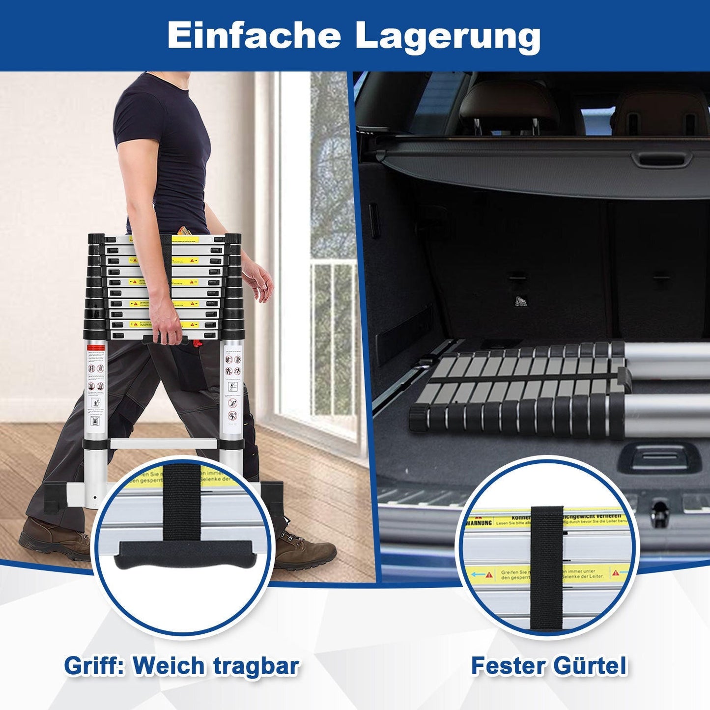 Teleskopleiter Aluminium Belastbarkeit bis zu 150kg 2.6m-5m mit Stabilisator | Brehn