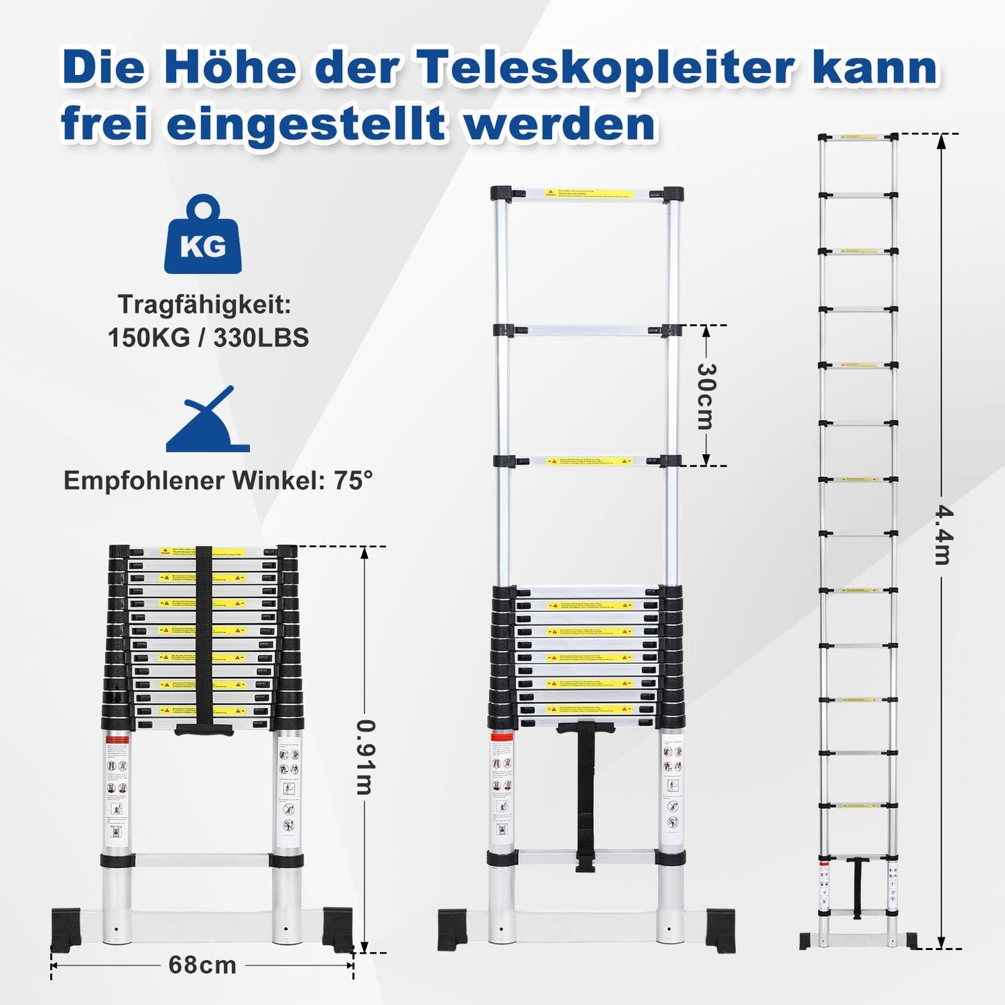 Teleskopleiter Aluminium Belastbarkeit bis zu 150kg 2.6m-5m mit Stabilisator | Brehn