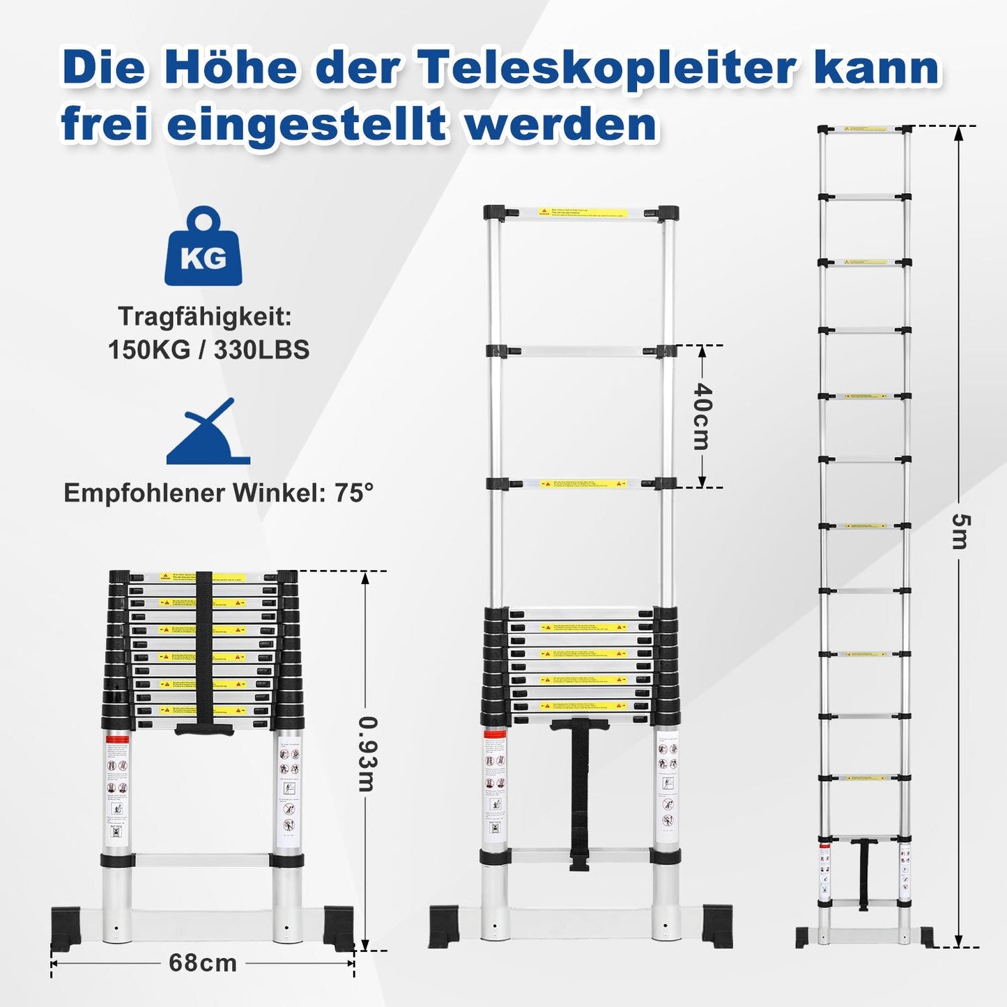 Teleskopleiter Aluminium Belastbarkeit bis zu 150kg 2.6m-5m mit Stabilisator | Brehn