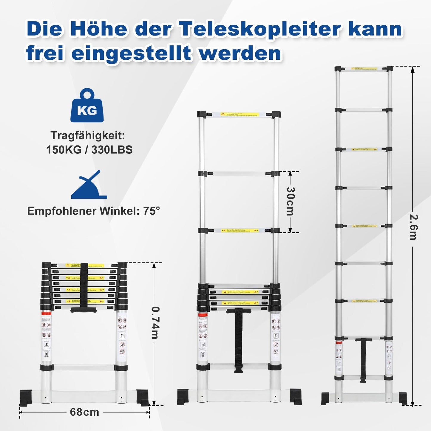 Teleskopleiter Aluminium Belastbarkeit bis zu 150kg 2.6m-5m mit Stabilisator | Brehn