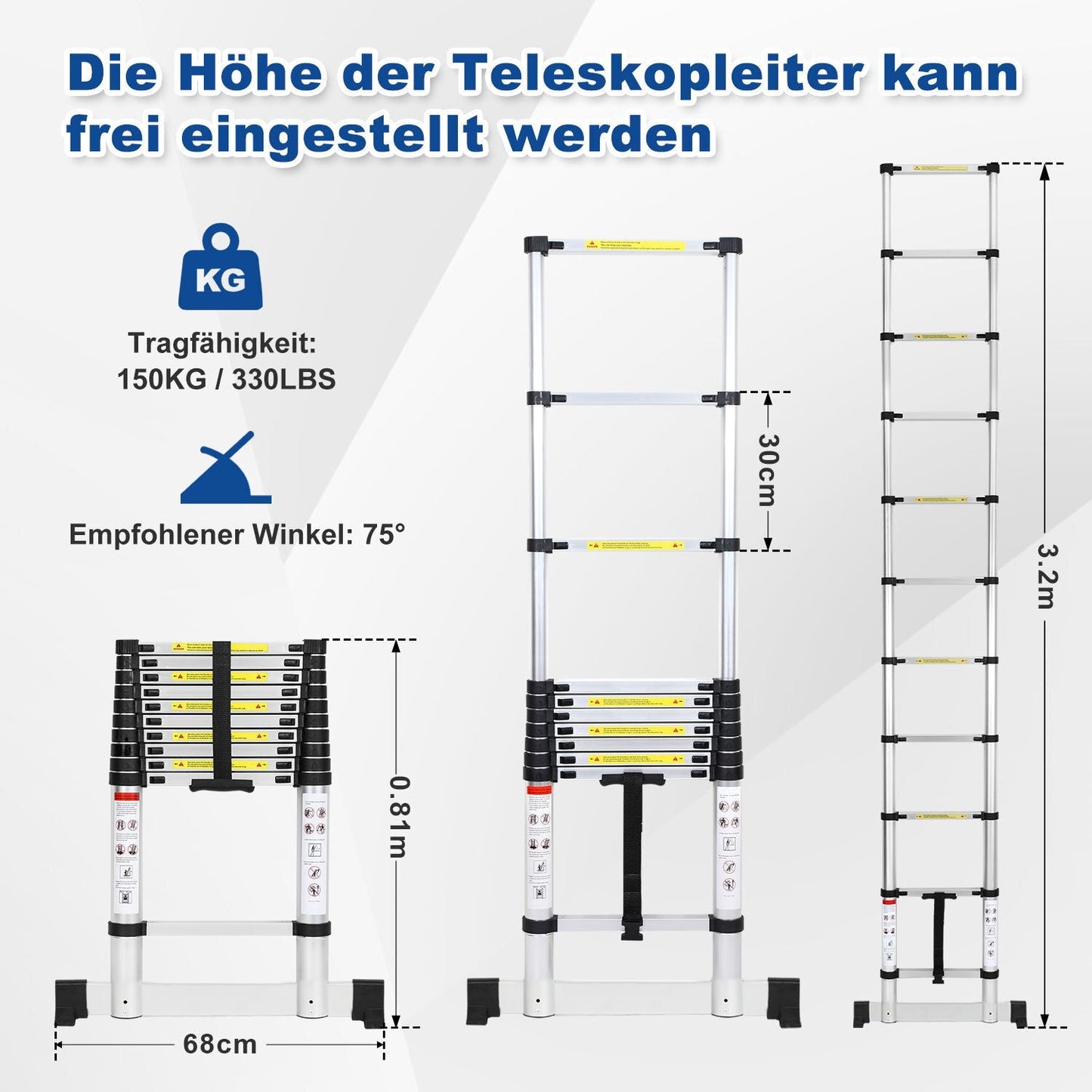 Teleskopleiter Aluminium Belastbarkeit bis zu 150kg 2.6m-5m mit Stabilisator | Brehn