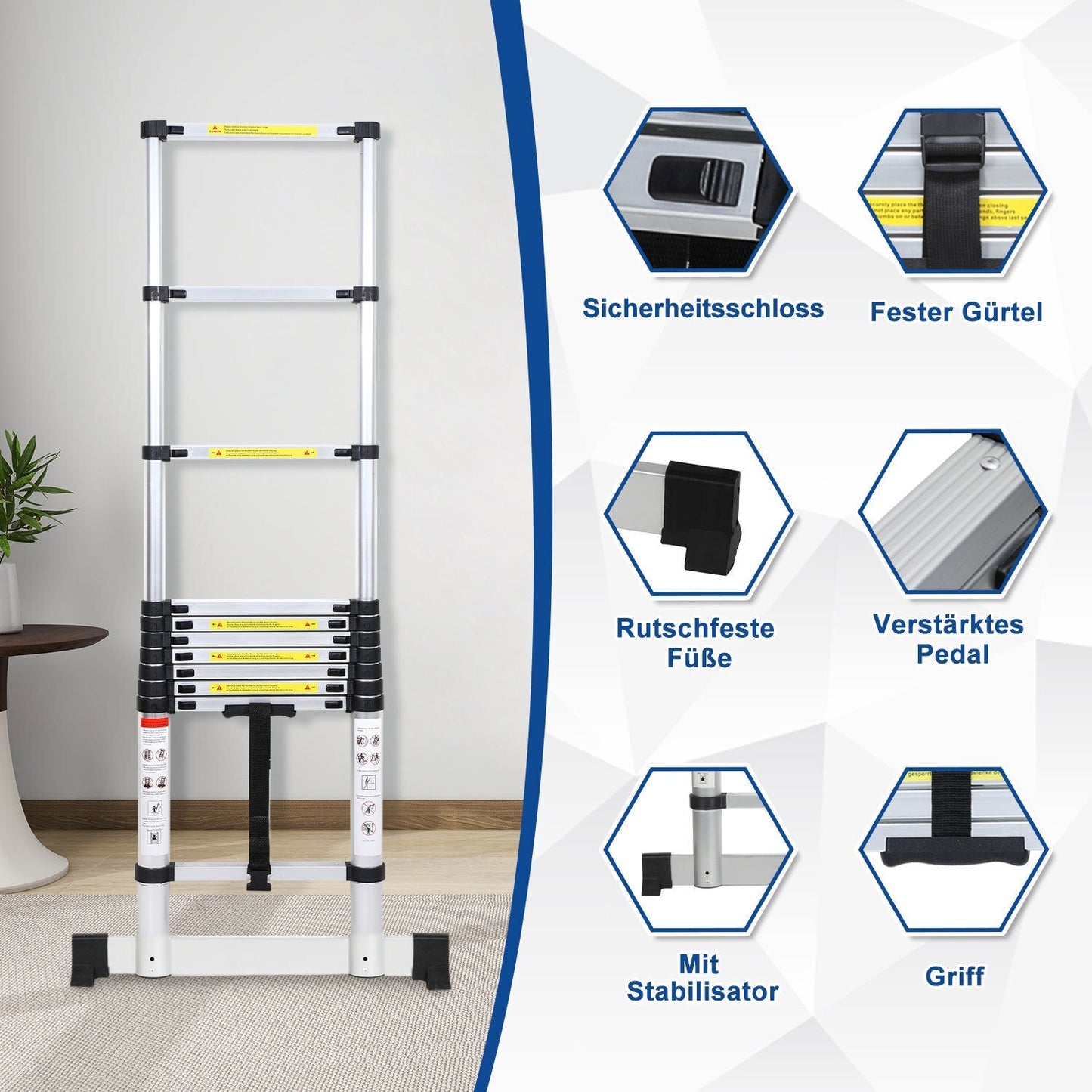 Teleskopleiter Aluminium Belastbarkeit bis zu 150kg 2.6m-5m mit Stabilisator | Brehn