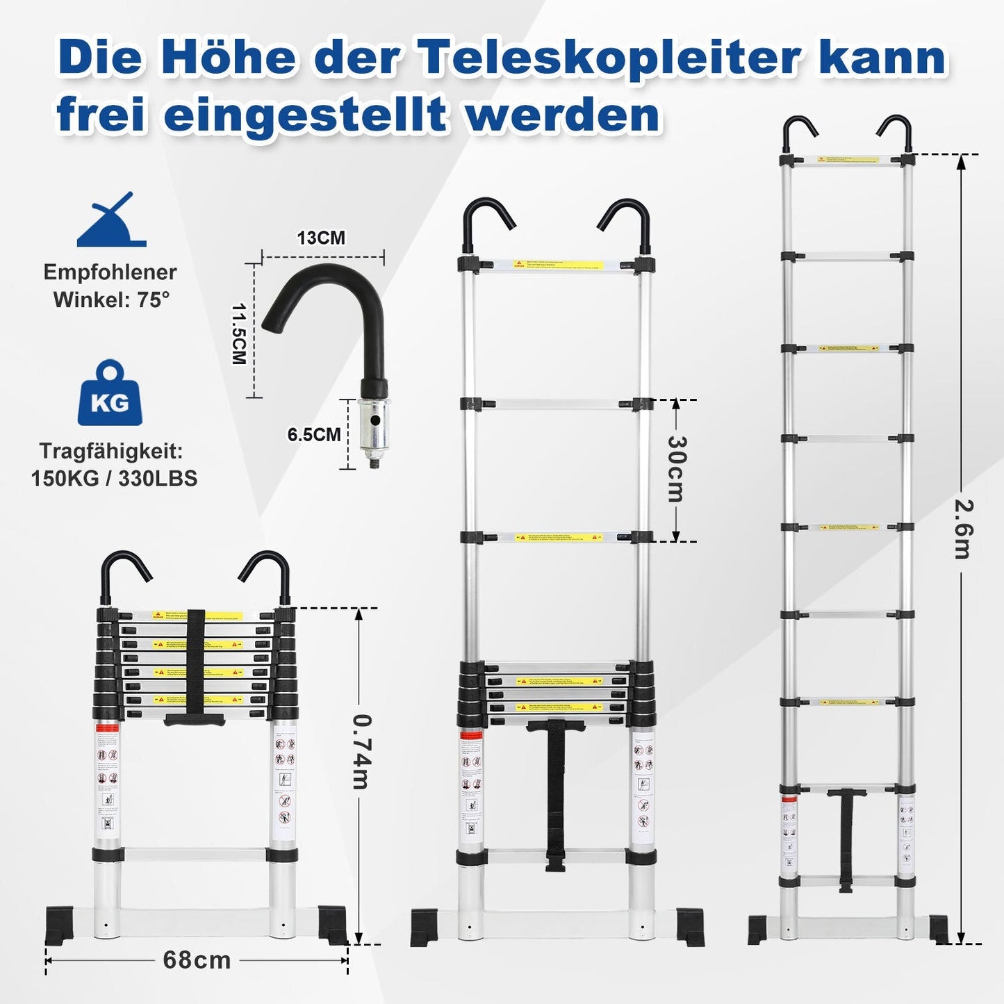 Teleskopleiter mit 2 Abnehmbarem Haken mit Stabilisator | Brehn
