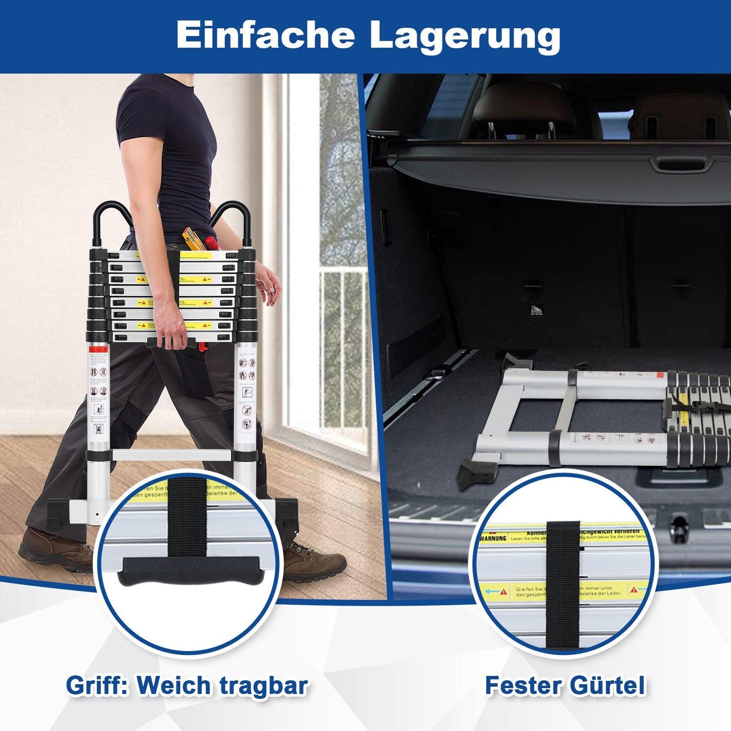 Teleskopleiter mit 2 Abnehmbarem Haken mit Stabilisator | Brehn