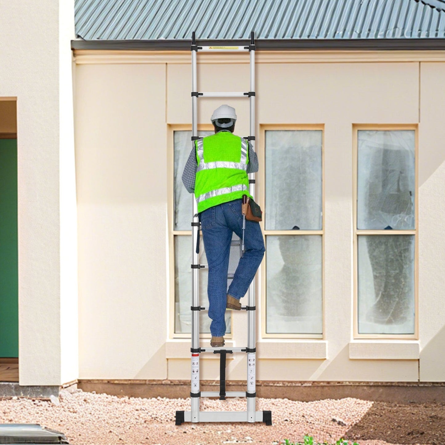 Teleskopleiter mit 2 Abnehmbarem Haken mit Stabilisator | Brehn