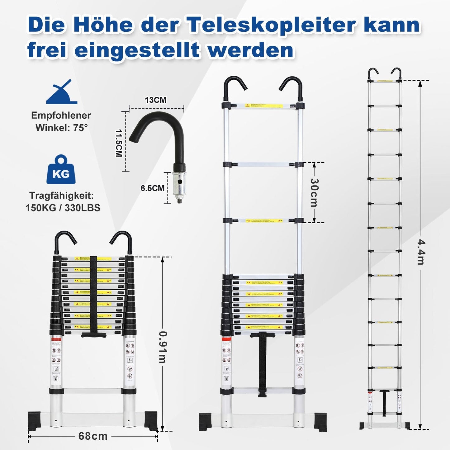Teleskopleiter mit 2 Abnehmbarem Haken mit Stabilisator | Brehn