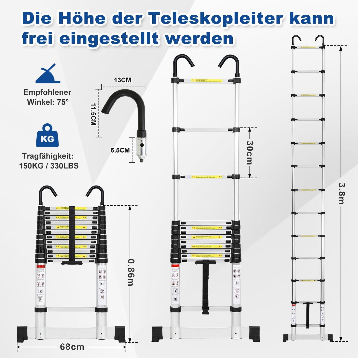 Teleskopleiter mit 2 Abnehmbarem Haken mit Stabilisator | Brehn