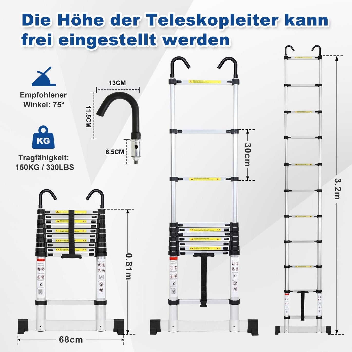 Teleskopleiter mit 2 Abnehmbarem Haken mit Stabilisator | Brehn