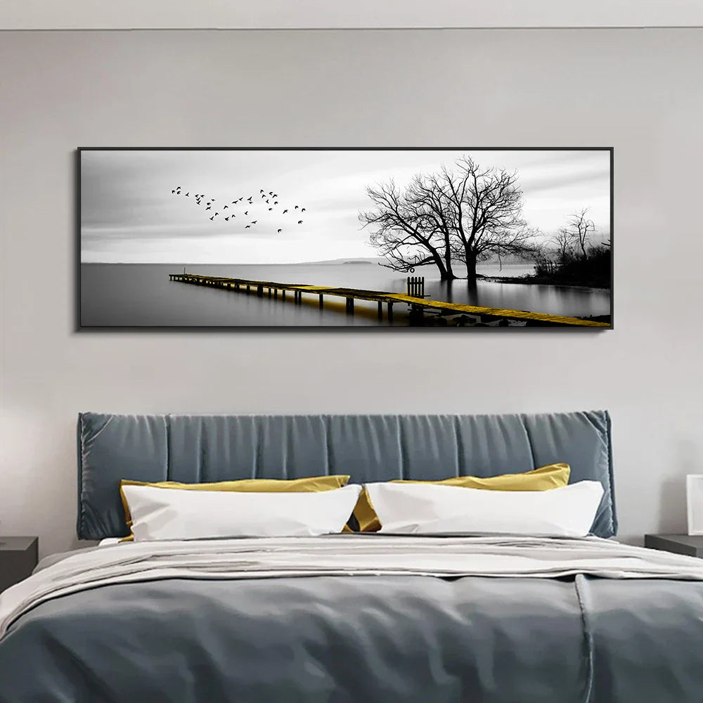 Ruhiger See Pier Breitformat Landschaft Wandkunst Feine Leinwanddrucke Schwarz Weiß Bilder Von Ruhe Für Über Dem Sofa Bild Für Über Dem Bett