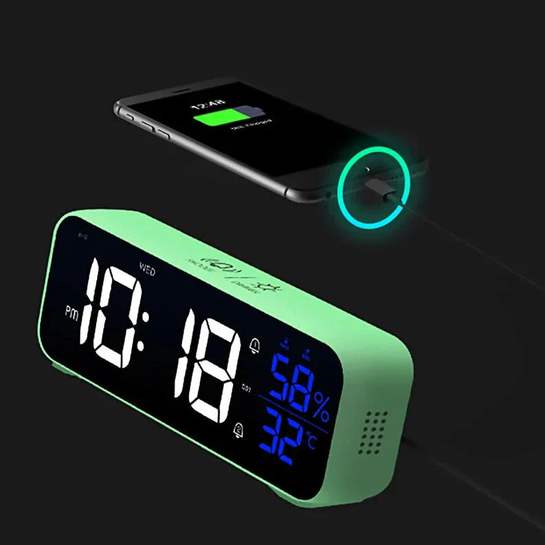 Multifunktionaler Musikalischer LED-Bürowecker mit Alarmfunktion, Temperatur- und Feuchtigkeitsanzeige – Digitaluhr für Schreibtisch und Schlafzimmer | Brehn