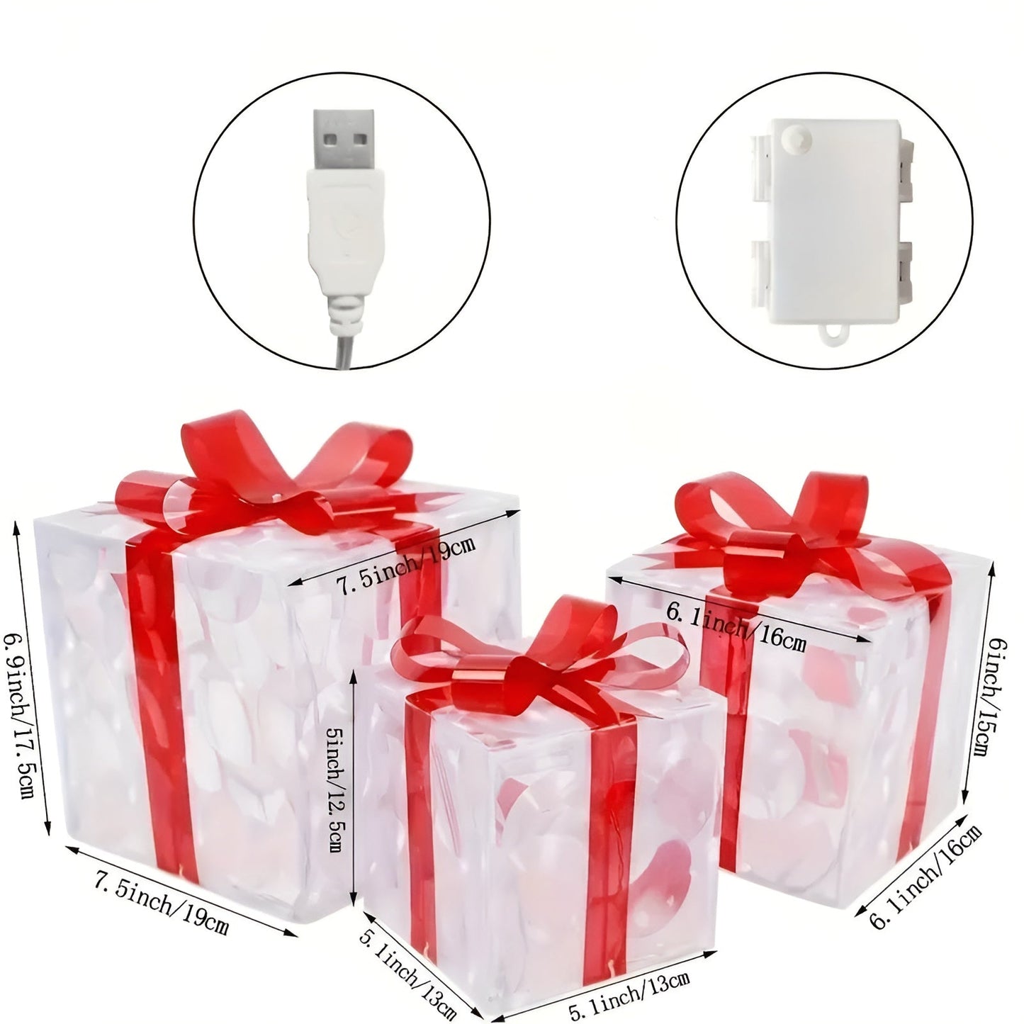 Leuchtende Geschenkboxen im 3er-Set – Transparente Weihnachtsdekoration mit roten Bändern | Für drinnen und draußen