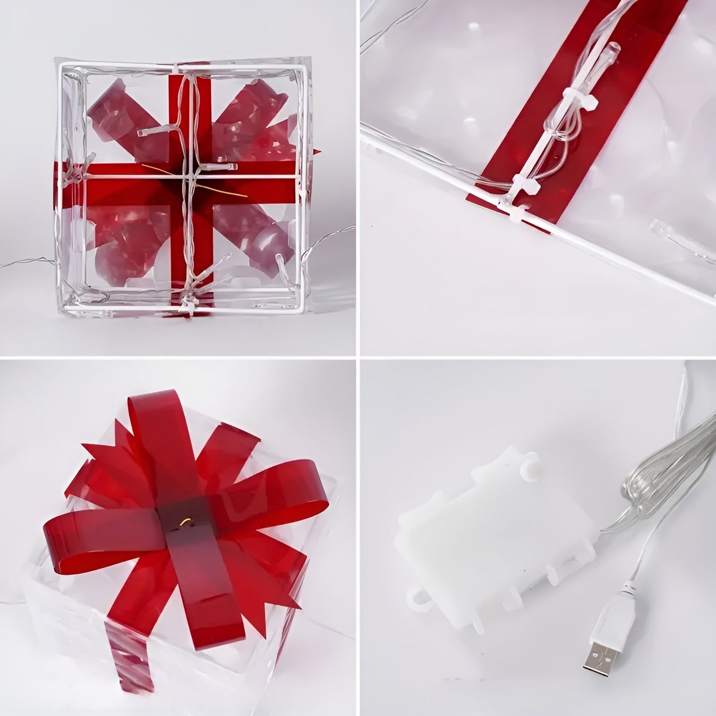 Leuchtende Geschenkboxen im 3er-Set – Transparente Weihnachtsdekoration mit roten Bändern | Für drinnen und draußen