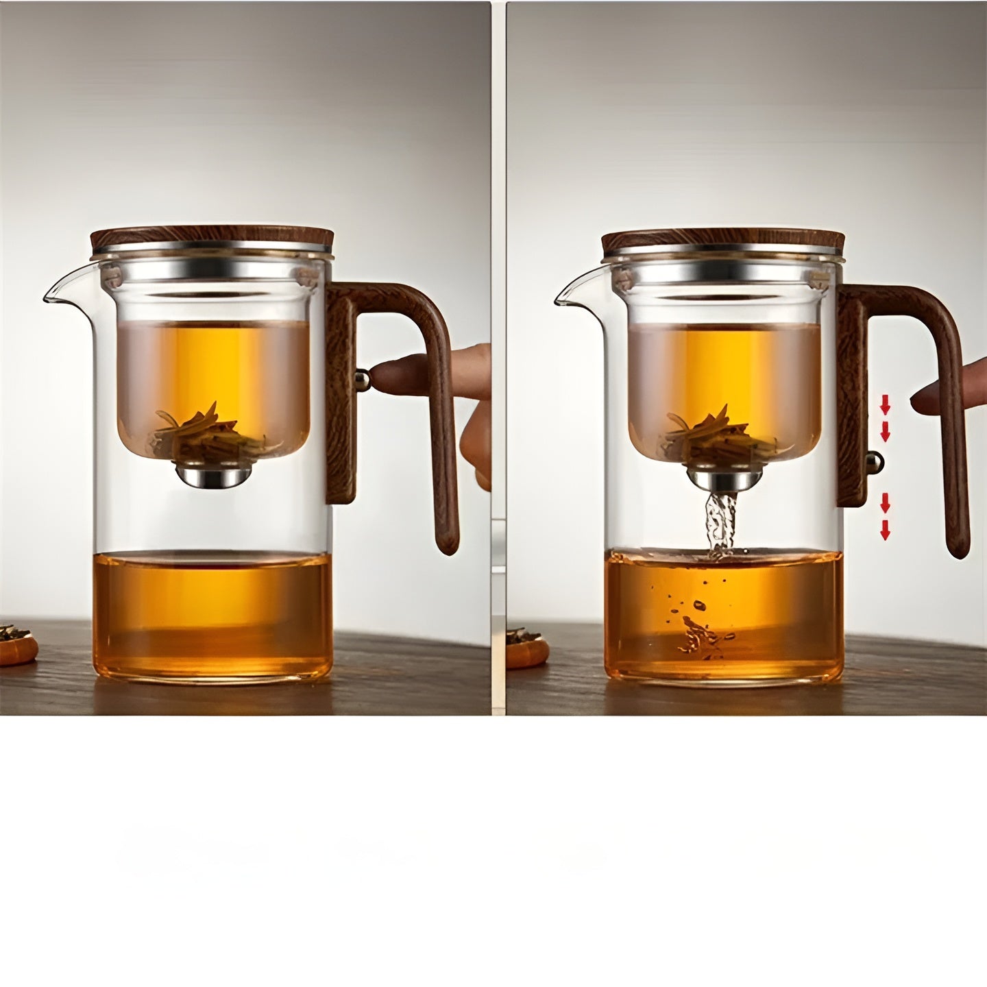Teekanne aus Glas mit Holzgriff – Filter mit einem Klick | Ideal für loses Tee und Pu-Erh-Tee