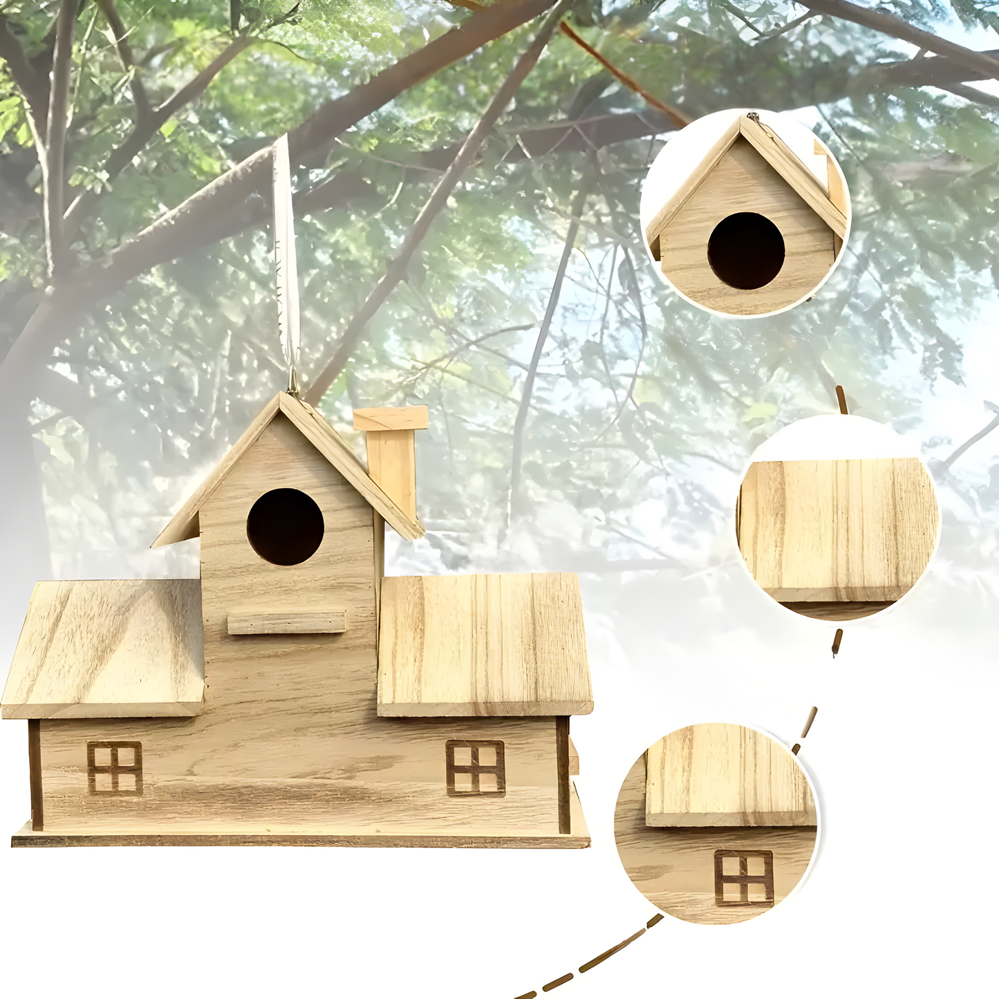Waldvogelhaus - Hängendes Vogelhaus aus Holz mit 3 Einfluglöchern