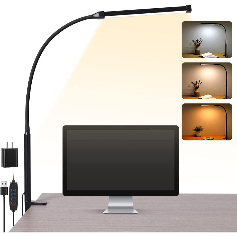 LED-Schreibtischleuchte mit augenschonender Klemmleuchte fürs Homeoffice, 3 Modi, 10 Helligkeitsstufen, langer, flexibler Schwanenhals, Metall, Schwenkarm-Schreibtischleuchte mit USB-Adapter, Weiß