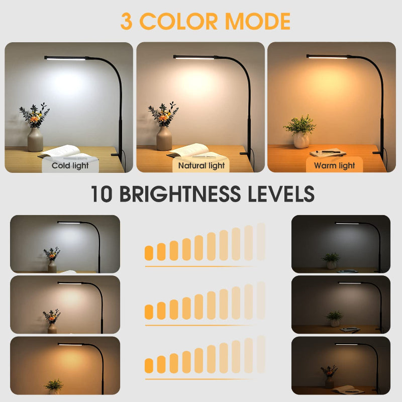 LED-Schreibtischleuchte mit augenschonender Klemmleuchte fürs Homeoffice, 3 Modi, 10 Helligkeitsstufen, langer, flexibler Schwanenhals, Metall, Schwenkarm-Schreibtischleuchte mit USB-Adapter, Weiß