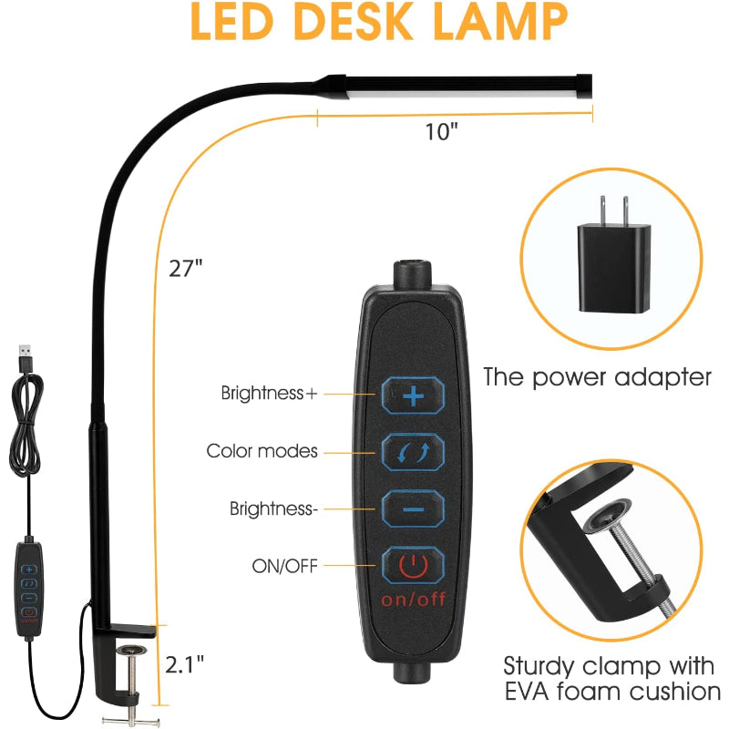LED-Schreibtischleuchte mit augenschonender Klemmleuchte fürs Homeoffice, 3 Modi, 10 Helligkeitsstufen, langer, flexibler Schwanenhals, Metall, Schwenkarm-Schreibtischleuchte mit USB-Adapter, Weiß