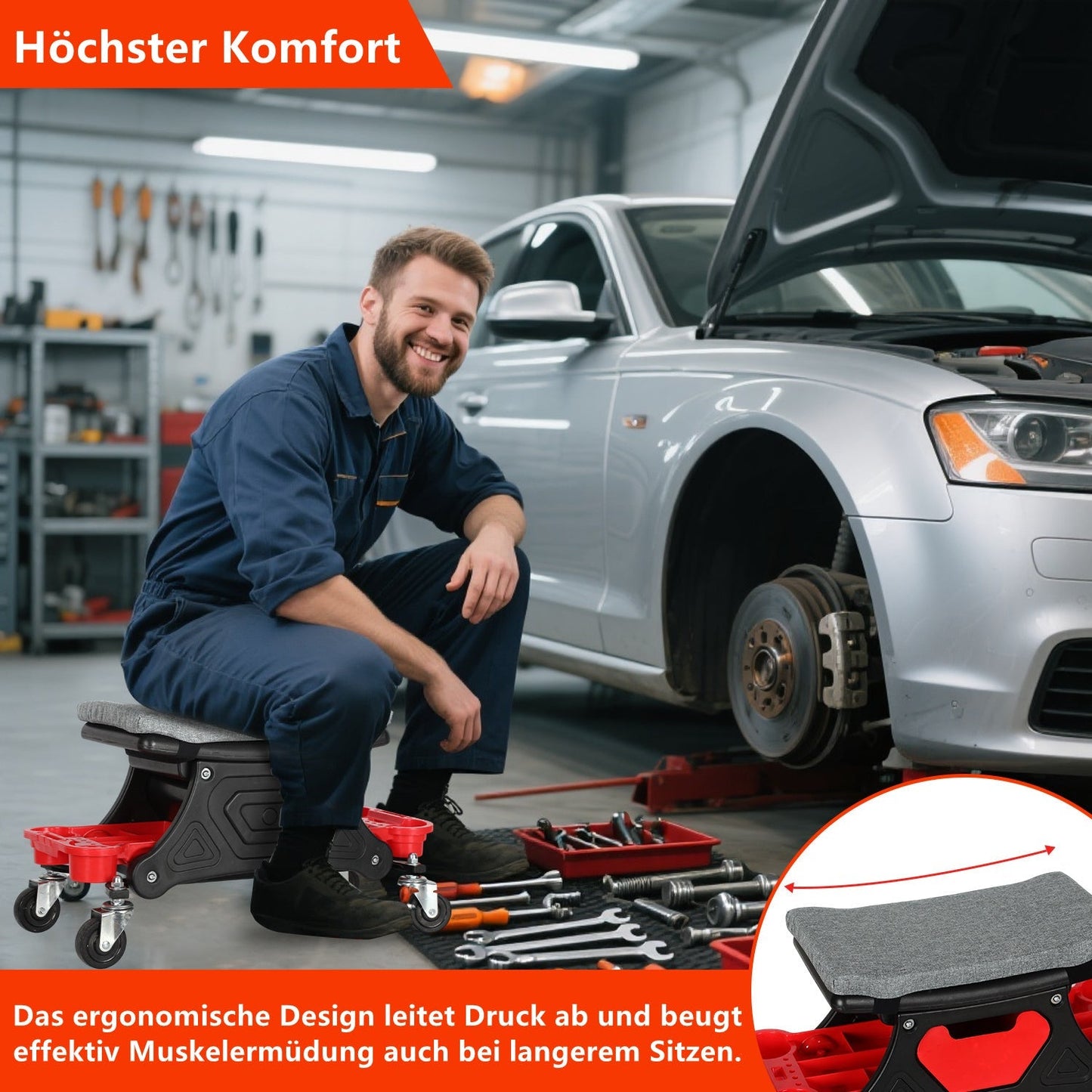 Werkstatthocker Rollhocker mit Aufbewahrungsbox | Brehn