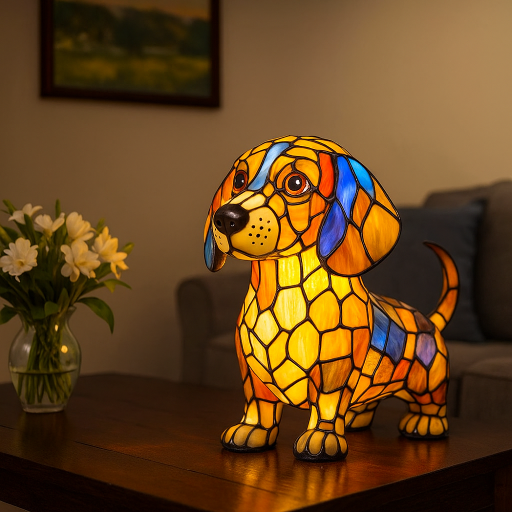 Brehn | Buntglas-Hund-Form Nachttischlampe mit Farbwechsel-LED – Dekorative Tischlampe für Schlafzimmer und Wohnzimmer