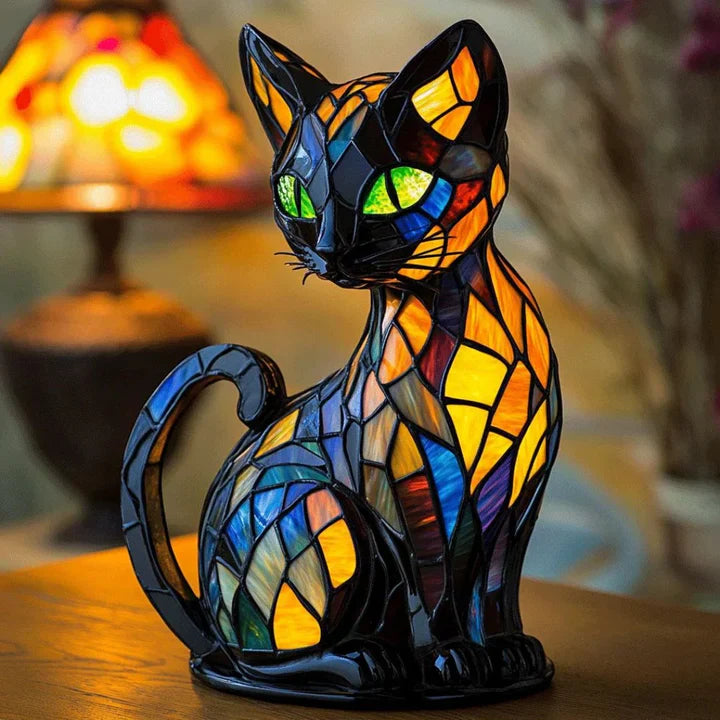 Brehn | Buntglas-Katzenform-Tischlampe mit LED-Beleuchtung – 30-36 cm