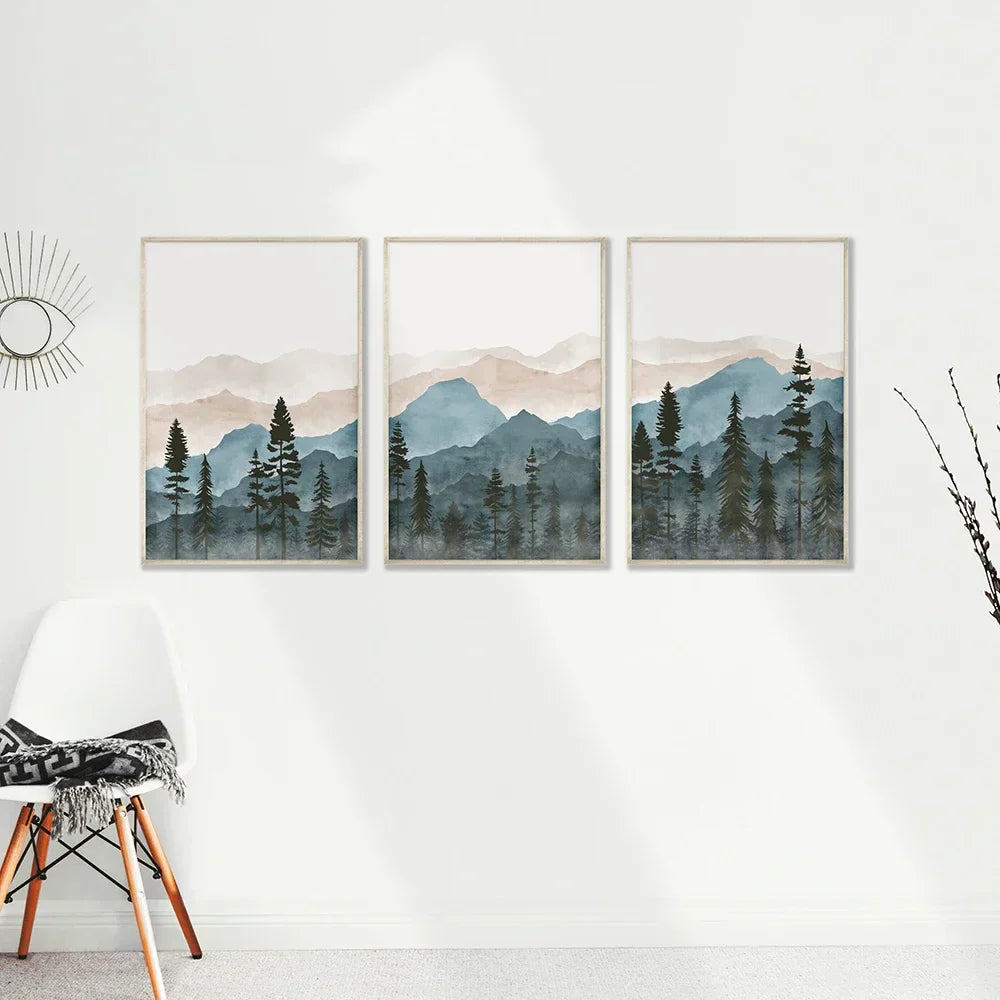 Wald Wildnis Berg Aquarell Wandkunst Fine Art Leinwanddrucke Nordische Landschaftsbilder Poster für Wohnraum Kunst Dekor