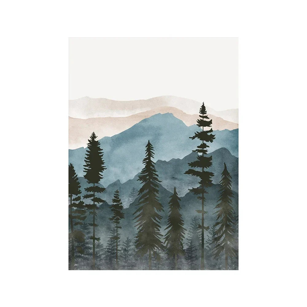 Wald Wildnis Berg Aquarell Wandkunst Fine Art Leinwanddrucke Nordische Landschaftsbilder Poster für Wohnraum Kunst Dekor