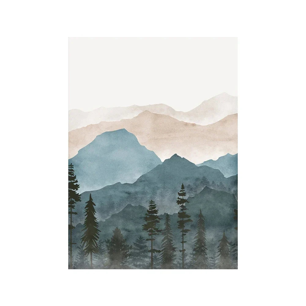 Wald Wildnis Berg Aquarell Wandkunst Fine Art Leinwanddrucke Nordische Landschaftsbilder Poster für Wohnraum Kunst Dekor