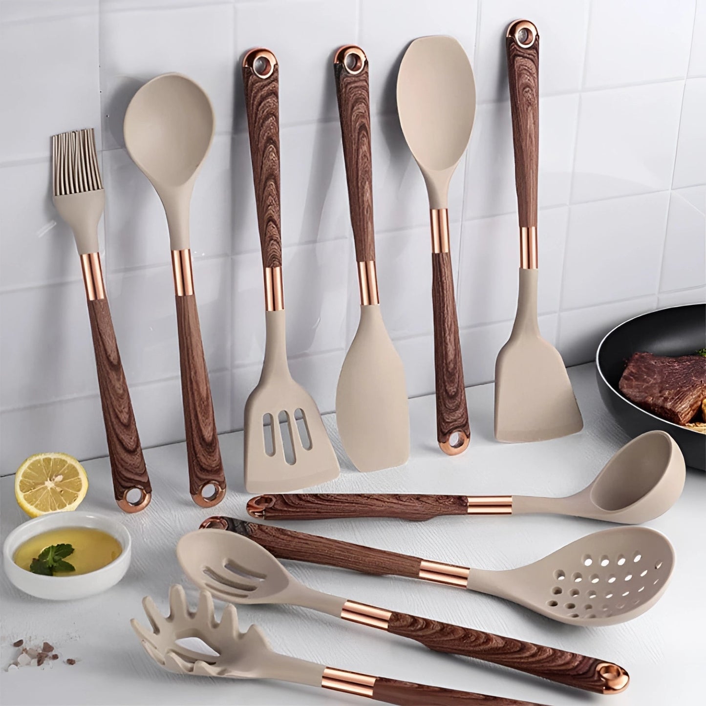 Brehn | Holz- und Silikon-Küchenutensilien-Set – 10 Stück, hitzebeständig, ergonomische Griffe