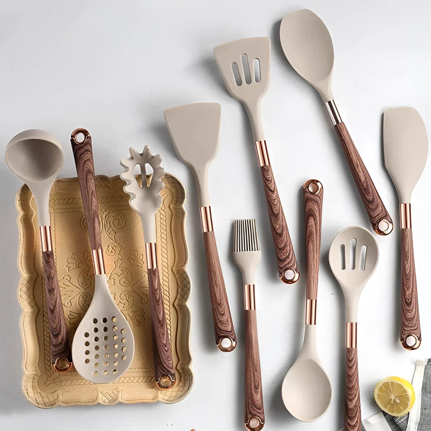 Brehn | Holz- und Silikon-Küchenutensilien-Set – 10 Stück, hitzebeständig, ergonomische Griffe