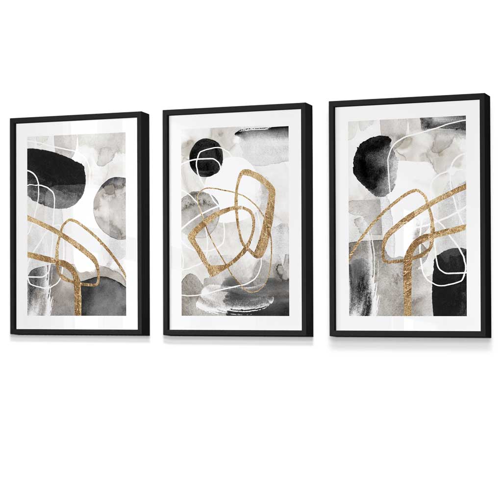 Abstrakte schwarze, graue und goldene Formen, Set aus 3 gerahmten Wandbildern