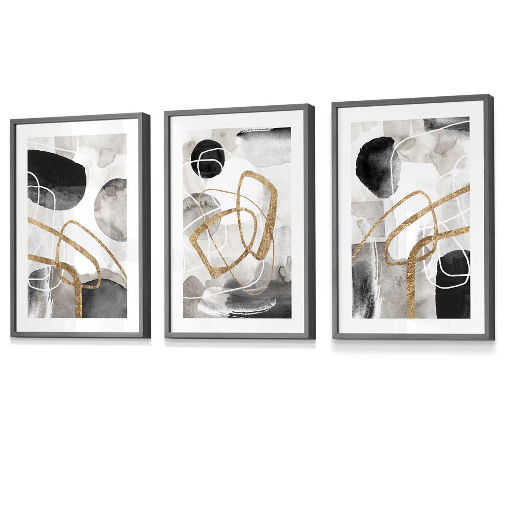 Abstrakte schwarze, graue und goldene Formen, Set aus 3 gerahmten Wandbildern