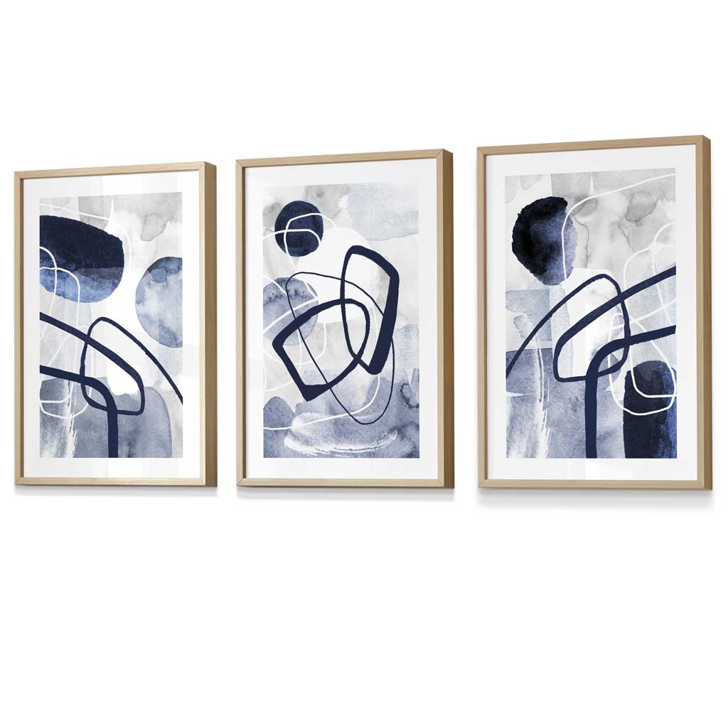 Abstrakte marineblaue Formen, 3er-Set gerahmter Wandbilder