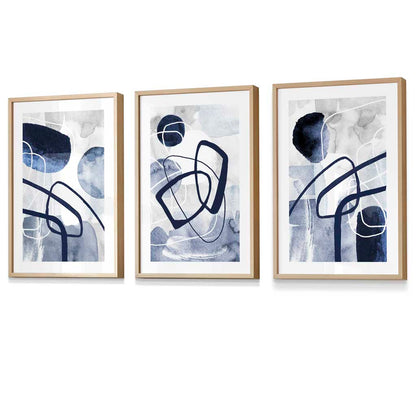 Abstrakte marineblaue Formen, 3er-Set gerahmter Wandbilder