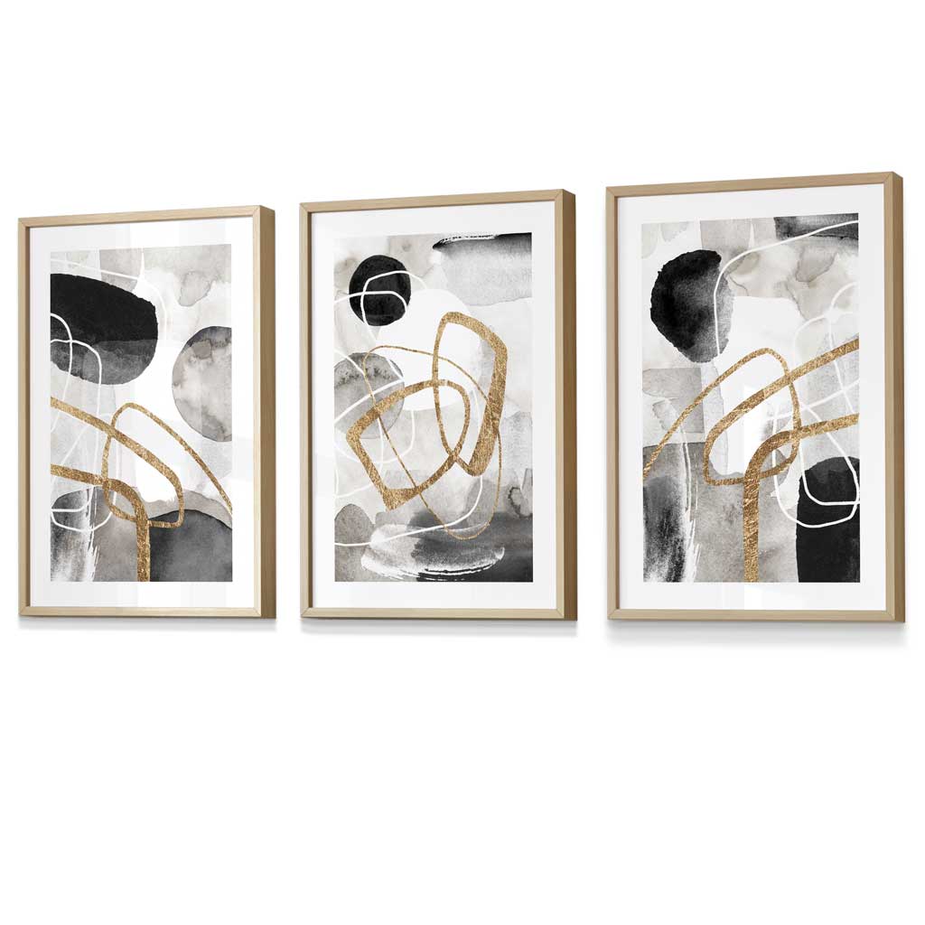 Abstrakte schwarze, graue und goldene Formen, Set aus 3 gerahmten Wandbildern