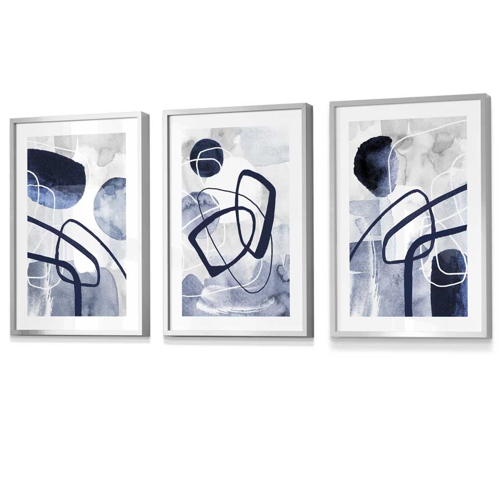 Abstrakte marineblaue Formen, 3er-Set gerahmter Wandbilder