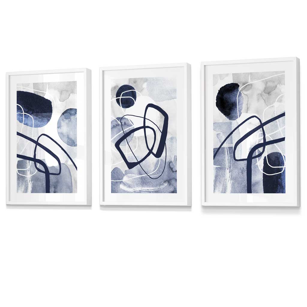 Abstrakte marineblaue Formen, 3er-Set gerahmter Wandbilder