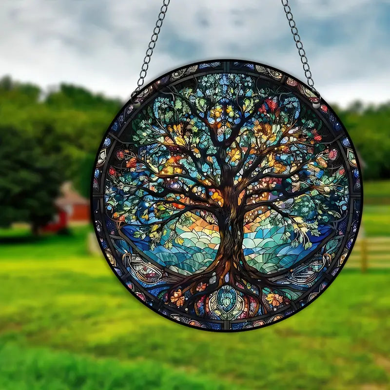 Wandbild mit Baummotiv aus Buntglas, hängend